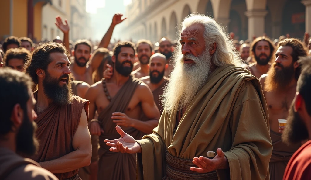 prophet Enoch, Man with white beard, age between 70 years, crowd of men drinking, giggling, playing, and they were not listening to Enoch