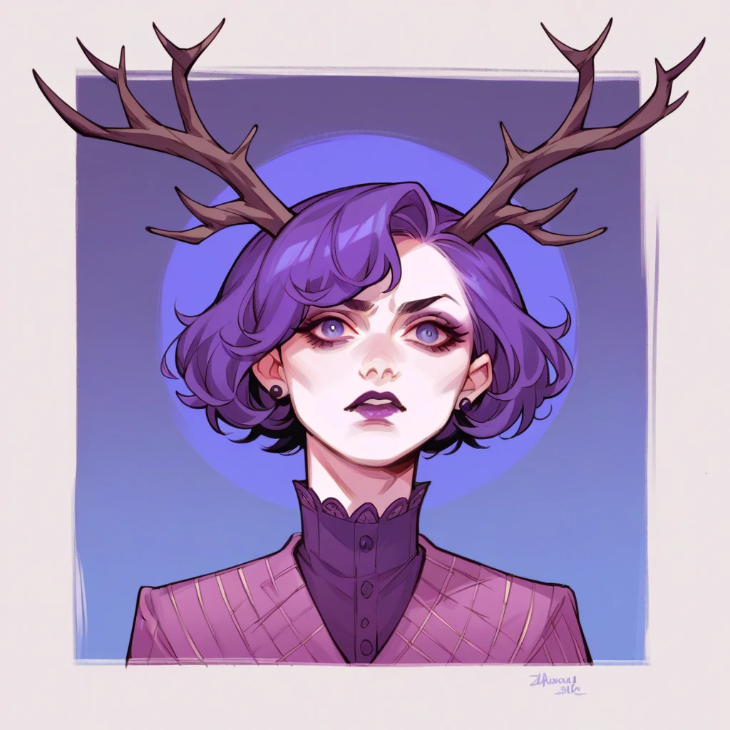 score_9, score_8_up, score_7_up, score_6_up, bg4, fierce Jackalope, antlers, short hair. purple black and fuchsia