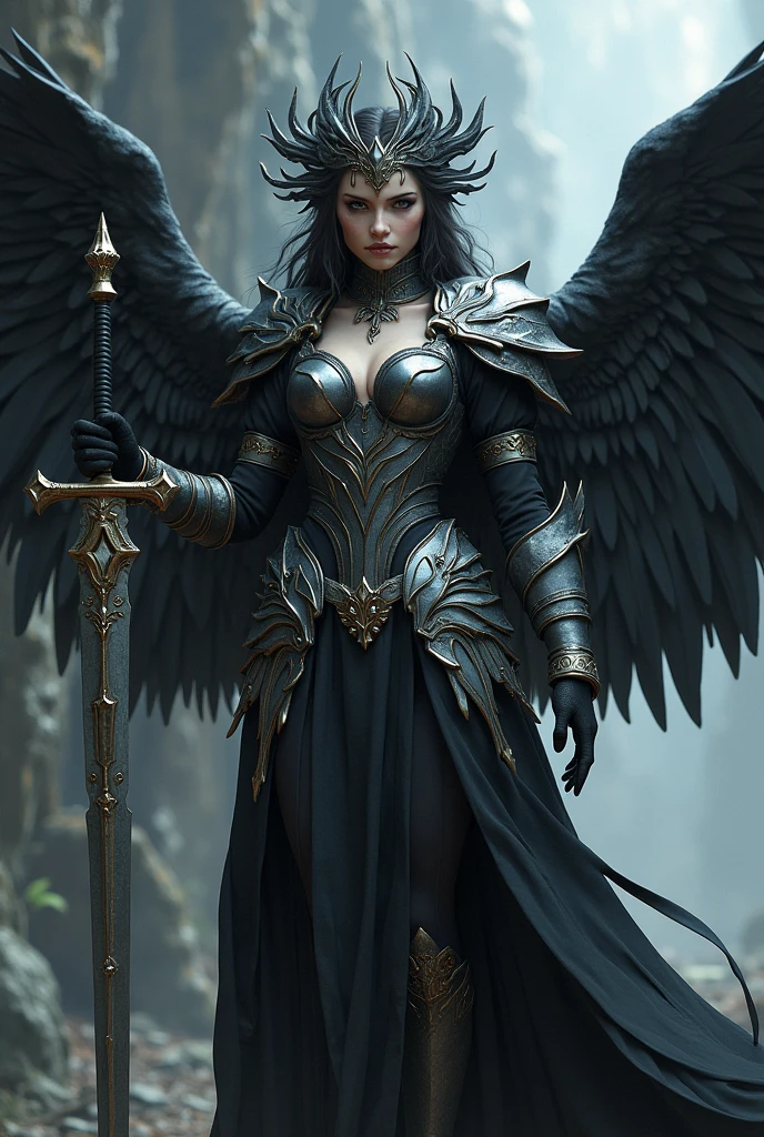 Gtirthura the winged dark warrior angel, holding a key-sword with silver bird wings in her ✋️.
Wearing mix of armor and moden dress