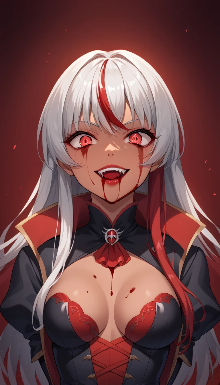 1 Girl, Vampire, Medium Breasts, Dark Red Hair, Silver Highlights In Hair, Vampire Hair Style, Long Hair, Red Vampire Eyes, Tanned Skin, Smooth Skin, Soft Features, Nice Lips, Insane Smile, Cute Face, Vampire Outfit, Royal Vampire, Upper Body Shot, Crazy, Manic, Insane, Blood, Covered In Blood, Blood Splatter, Blood Sprays, Blood on Face, Blood Leaking from her Mouth, Blood on Her Chest,