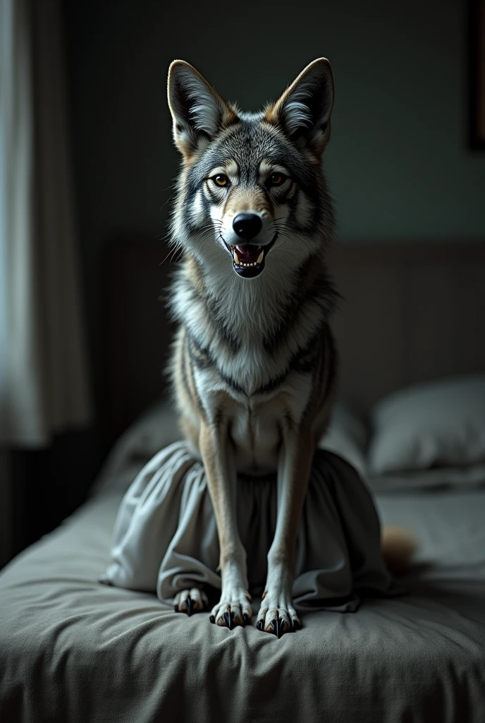 A coyote sits on a table in a skirt and cries with his mouth open and tears. 8k photography. Details. masterpiece. The grey skin and hair look real. Minimum light. Bedroom room.