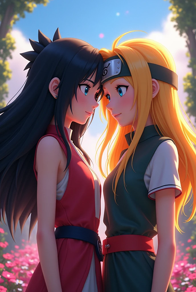 Naruto x Sasuke female version long hair Disney pixar style.