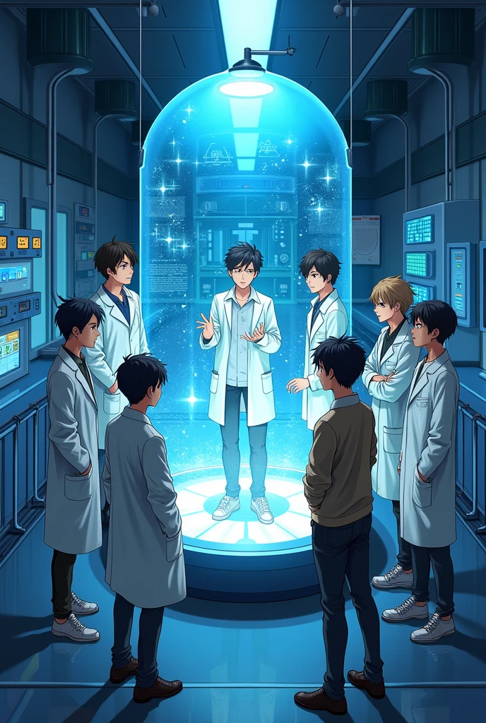 Create a group of 7 male friends creating clones in a laboratory with the anime style