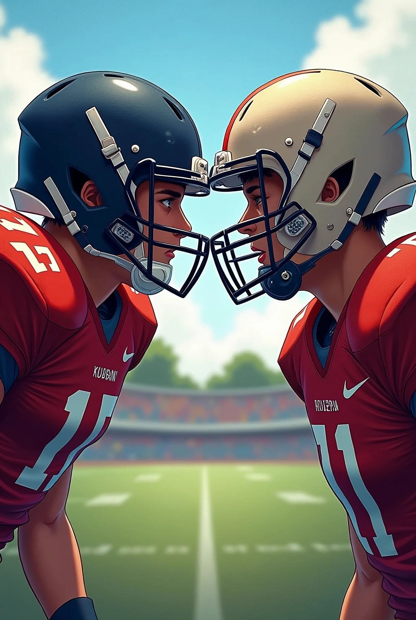 Uma capa de livro, The features are: a football capo and cheerleaders. Instead of her, Make a BOY. nao, the same way as before, but with a man. Make him younger, adolescent. Now make him face another player, they both have football helmets on, do it in the same style.