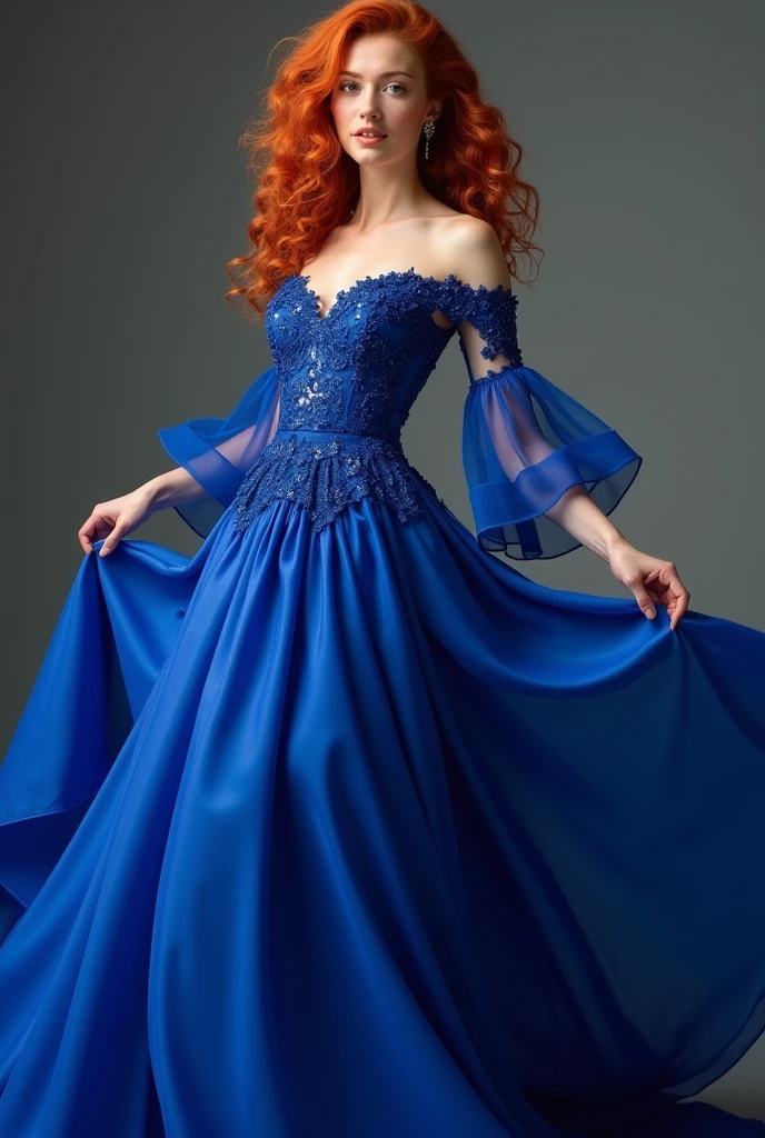 Curly redhead girl in royal blue long prom dress with sleeves ,fully body