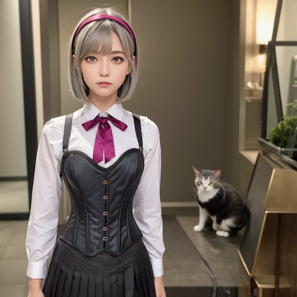 , Gray-haired, Short-haired, Yellow-eyed, Small breasts, Cat hair accessories, Side Lock, Gray-haired, Shiny Hair, uniform, (Golden Eyes: 1.2), (Skirt has two long triangular extensions, abdominal vest corset), White buttons on the best corset, (A short-sleeved striped shirt under a vest corset), (The cuffs are close to the arms), (Thick black ribbon around neck), ( short magenta skirt),