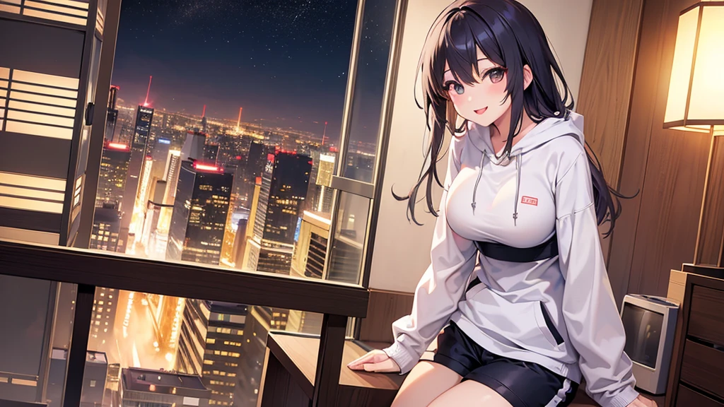Japanese,Slightly larger breasts,Night view,High-rise apartment building,Looking out the window from the room,Beautiful woman,hot pants,hoodie,Hot Coffee,Ultra high definition,Cute face,smile,smilingly, Shibuya