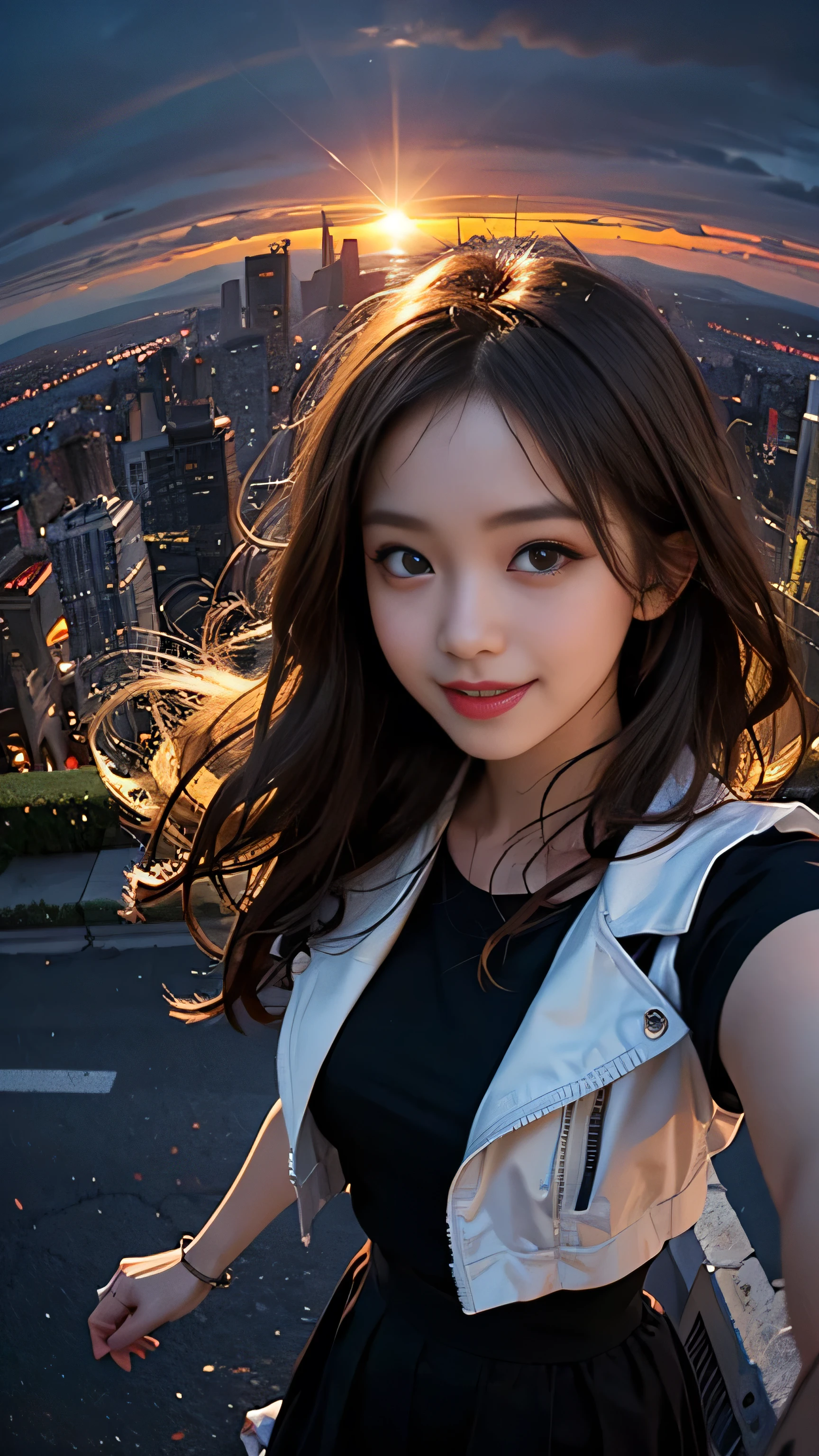 One girl, Korean, Fisheye Lens, Selfie, Wind, Messy Hair, sunset, Cityscape, (Aesthetics and atmosphere:1.2),smile