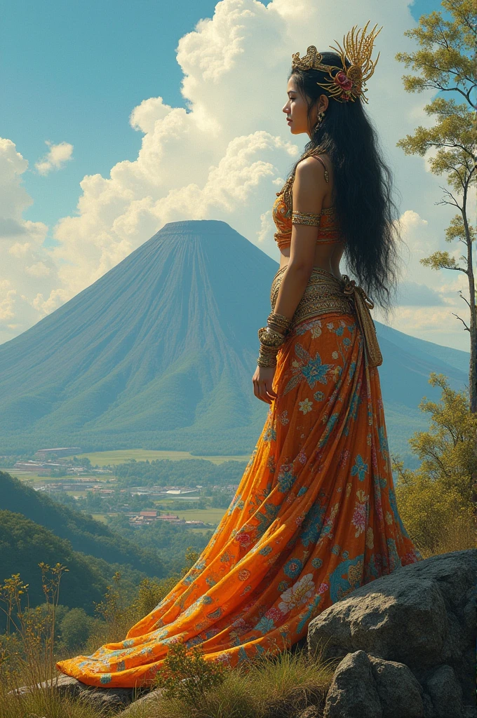Paint of goddess up close looking from her back full body. Taal volcano is in her background. The cultures of the people are drawn and paint in her gown.