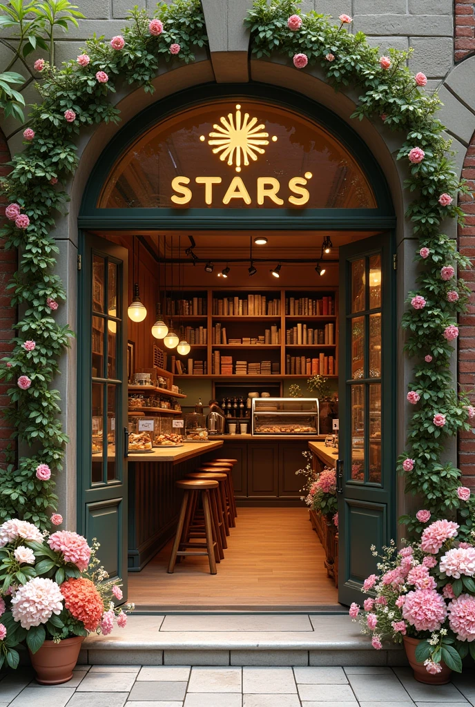 Create a cafe with the logo "STARS", with flowers as decoration and around,  create the place where coffee is made and all the sweets that are in a bakery, showing background library