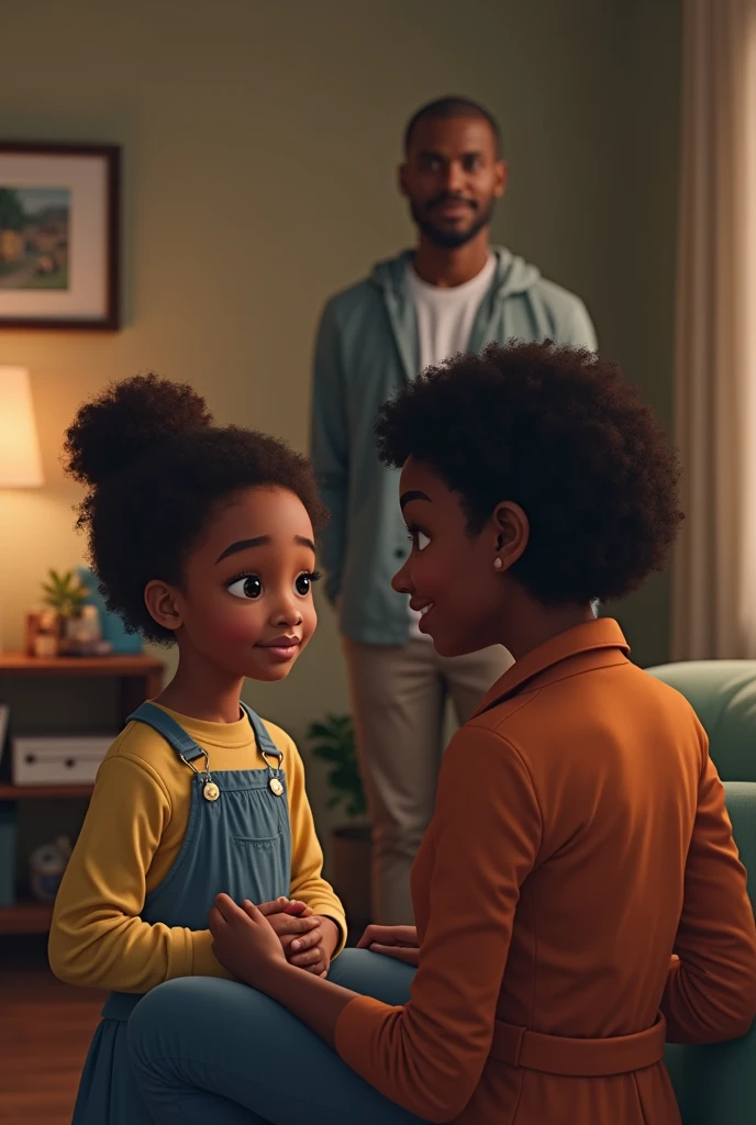 A girl in the living room talking to her mother and her stepfather watching in the background, She is black, she is 7 years old, her mother is black too and her stepfather is white