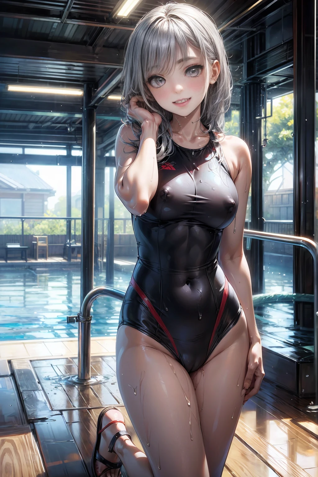 masterpiece,Official Art,8k, masterpiece, Highest quality, Very detailed, One woman、One-piece competitive swimsuit、Wet and transparent、Sandals、Nipple swelling、Sexy pose、Crotch line、Sexy、Beautiful eyes、A devilish smile、Silver Hair、Grin、