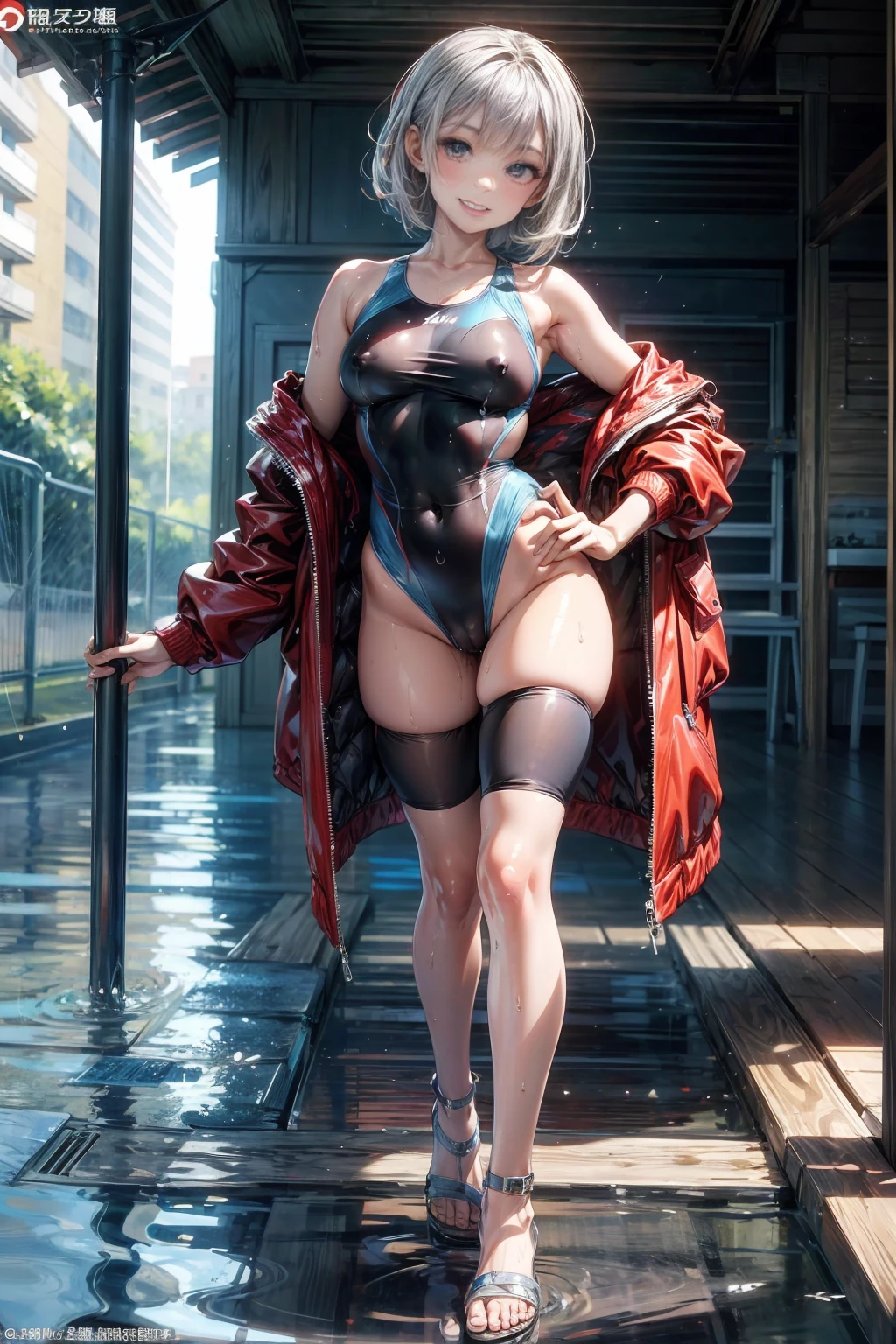 masterpiece,Official Art,8k, masterpiece, Highest quality, Very detailed, One woman、One-piece competitive swimsuit、Wet and transparent、Sandals、Nipple swelling、Sexy pose、Crotch line、Sexy、Beautiful eyes、A devilish smile、Silver Hair、Grin、