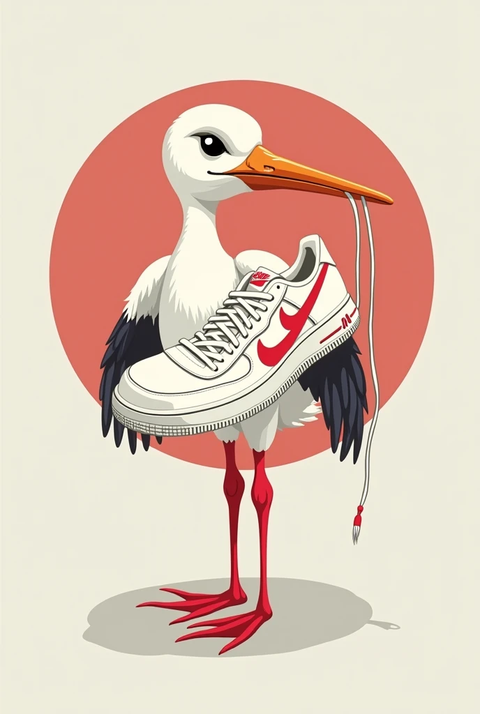 Nike air force | low retro branco/red, stork with tennis shoes in its mouth hanging by the laces, image for virtual store logo on instagram, eye-catching image, image in drawing
