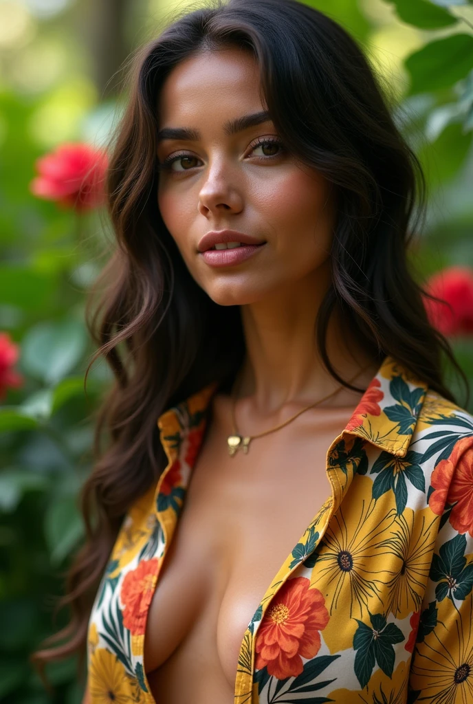 A Brazilian woman in a lush tropical garden, wearing an open shirt with a floral print, with a close-up capturing the harmonious beauty between her breasts and the natural flowers, showing off your natural charm and outgoing personality.