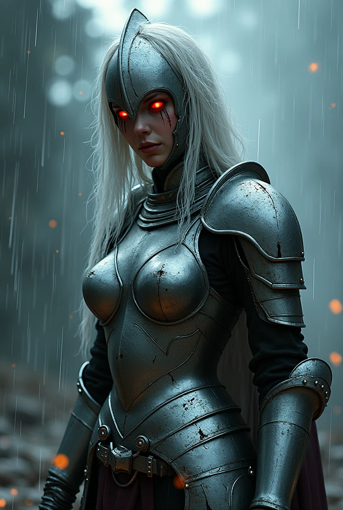 Woman. medieval armor. chrome. white  hair. wet. Rain with thunder . broken armor. eerie glowing red eyes 