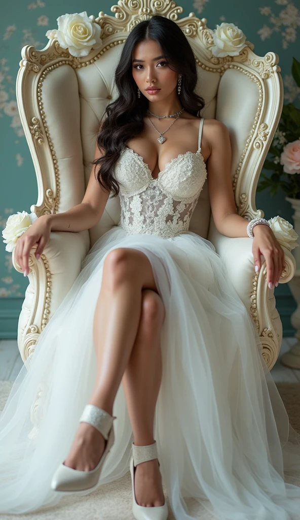 18 age years old beautiful young girl,4k,ultra detailed,tattoo,smoke,expressive beautiful,younger,tattoo,wearing fantasy white puffy dress rubby, wearing fantasy white high heels,sitting on the white rose throne,crossed legs,sexy,make-up,shiny skin,flowers,big boobs, curvy body,perfect legs, face model marie grippon,milf