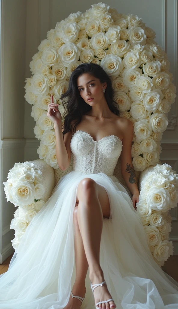 18 age years old beautiful young girl,4k,ultra detailed,tattoo,smoke,expressive beautiful,younger,tattoo,wearing fantasy white puffy dress rubby, wearing fantasy white high heels,sitting on the white rose throne,crossed legs,sexy,make-up,shiny skin,flowers,big boobs, curvy body,perfect legs, face model marie grippon,milf