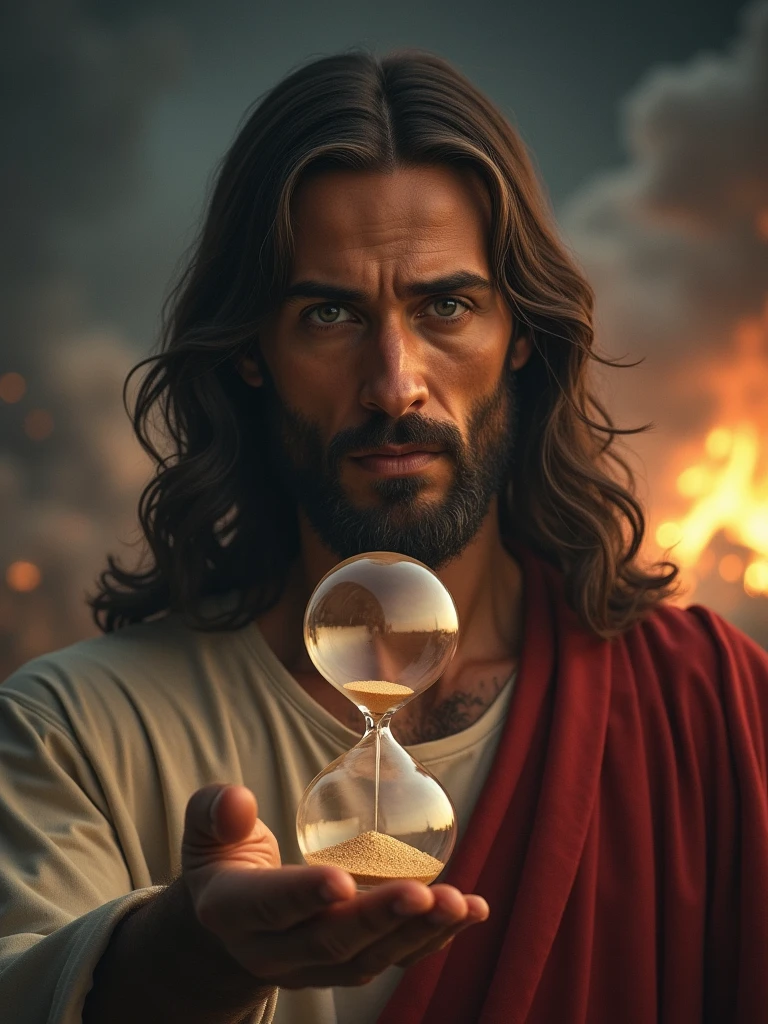 "A half-body image of Jesus, from the waist up, holding a large hourglass prominently in front of him. The hourglass is nearly empty, with only a few grains of sand left, emphasizing the idea that time is running out. Jesus is looking directly at the camera with a serious expression. The background is an apocalyptic scene, with dark clouds, fire, and destruction, further highlighting the urgency and gravity of the moment."