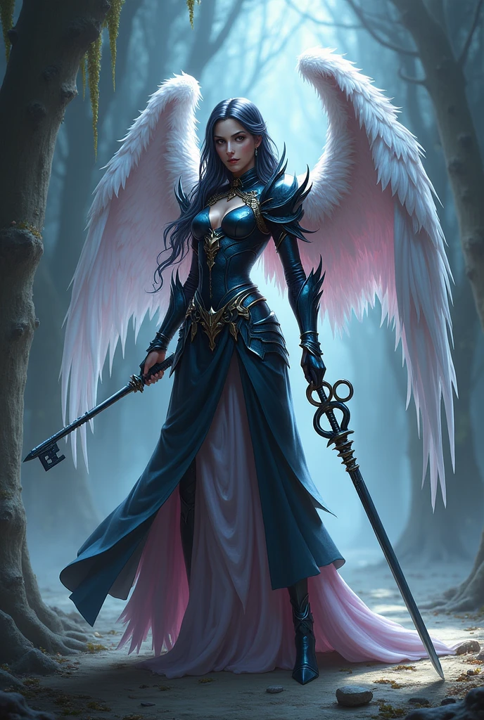 Gtirthura the winged dark warrior angel, holding a key-sword with silver bird wings in her ✋️.
Wearing mix of armor and pastel-goath dress