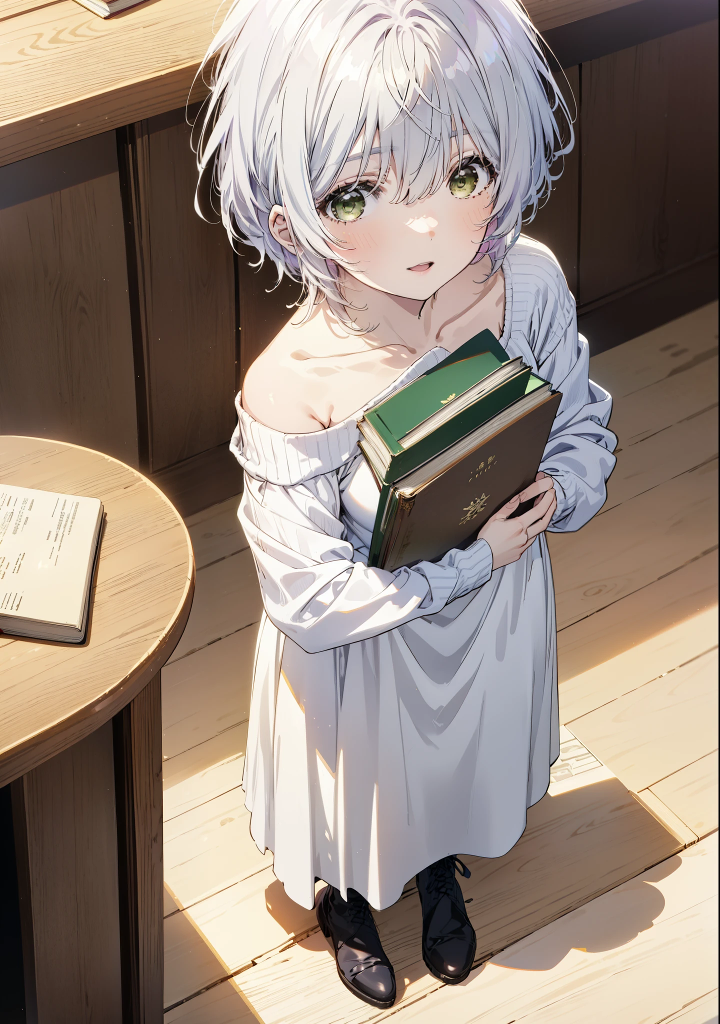 fuukakikuchi, fuuka kikuchi, short hair, bangs, Hair between the eyes, (Green Eyes:1.3),smile,Open your mouth,Grey Hair,One-shoulder sweater,Long skirt,Black pantyhose,short boots,Holding a book in both arms,Bookshelf,There are many books piled up on the table,whole bodyがイラストに入るように,
break indoors, figure書館,
break looking at viewer,whole body,
break (masterpiece:1.2), Highest quality, High resolution, unity 8k wallpaper, (figure:0.8), (Beautiful attention to detail:1.6), Highly detailed face, Perfect lighting, Highly detailed CG, (Perfect hands, Perfect Anatomy),