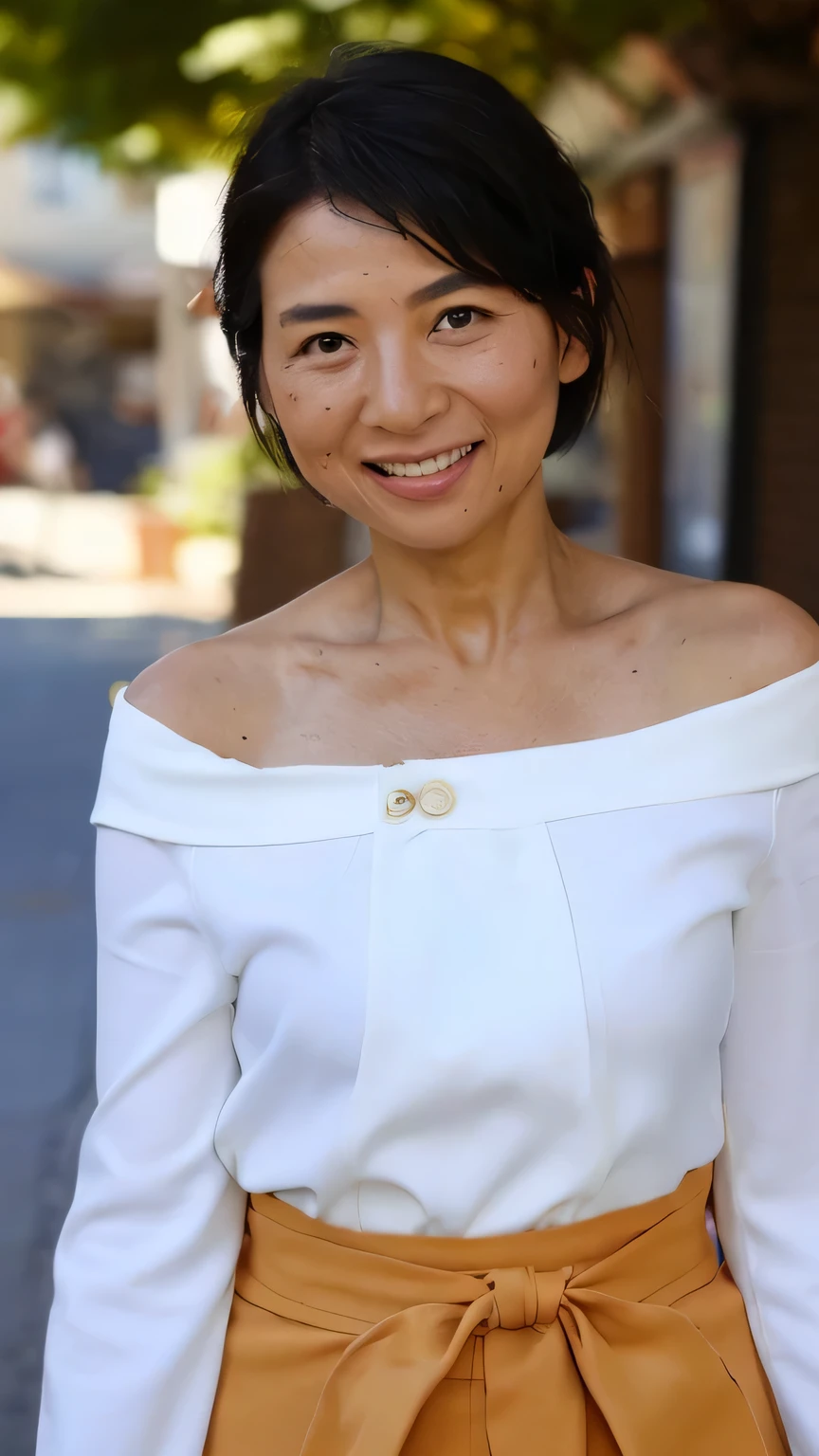 (((Highest quality)), ((8k)), ((masterpiece: 1.3)), (Photorealism: 1.6), (JMA), (Portrait of a Japanese mature woman), (Pitch black background: 1.2), (Woman standing diagonally facing forward: 1.4), (65-year-old woman), (Perfect looks), ((Realistic skin texture)), (Fine wrinkles all over the skin), (Dullness), (Facial wrinkles), (Wrinkles around the eyes), double eyelid, Tear bags under the eyelids, (Grimacing and laughing), Short bangs, Long Hair, (See-through bishop sleeve shirt), (breast enhancement),