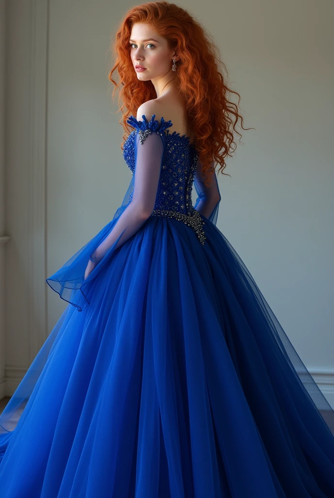 Curly redhead girl in royal blue long prom dress with sleeves ,fully body