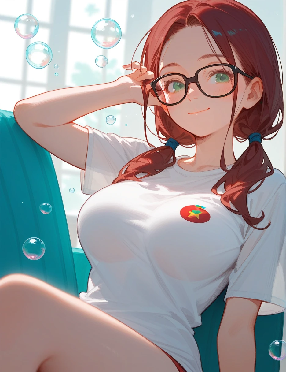 (from below:0.4), score_9_up,score_8_up, 1girl, solo, green eyes, burgundy hair, twin low tails, long hair, ((blush)), t-shirts, closed mouth, smile, big breast, pose, ((sitting)), (thin girl:1.2), (bubbles), ((entertainment park)), glasses,