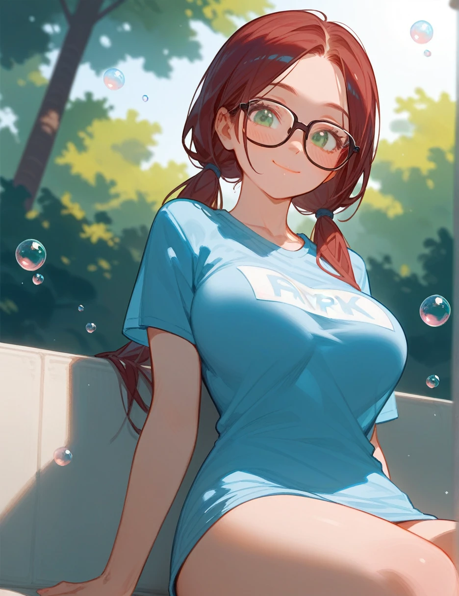 (from below:0.4), score_9_up,score_8_up, 1girl, solo, green eyes, burgundy hair,  twin low tails, long hair, ((blush)), t-shirts, closed mouth, smile, big breast, pose, ((sitting)),  (thin girl:1.2), (bubbles), ((entertainment park)), glasses, 