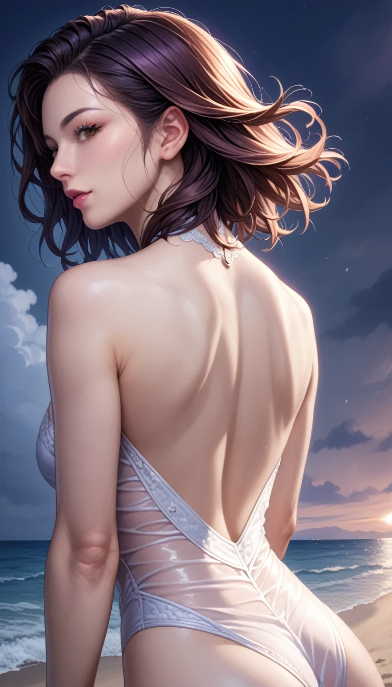 score_9, score_8_superior, score_7_superior, High resolution 3D anime style,A masterpiece in 32K resolution,Highest quality,it is really amazing,Very detailed,Ultra-high resolution,Ultra-realistic,Realistic,Increased depth of field,Cinematic lighting,
(Sexy mature Japan woman:1.2),
(black straight medium hair:1.1),(Ultra-detailed and beautiful face:1.1),(Calm and gentle look:1.1),Beautiful brown eyes,Translucent white skin,Realistic skin texture,Great proportions,
Elegant swimwear,
Summery design,Chic color scheme,Beautiful and delicate decoration,Detailed fabric texture,
(Dark overcast sky on a dull night:1.1),(Dark clouds filling the sky:1),(Thundercloud:1),Coastline at night,Stormy seas,(delay々A desolate sandy beach that continues:1),
dramatic,(Beautiful back view:1.2),