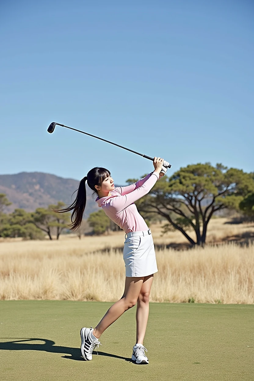 Please draw a pretty female golfer doing a full sweep. Highlight your sexy body lines, Make me a Korean female model, Make your face clearer, Make your eyes clearer, 