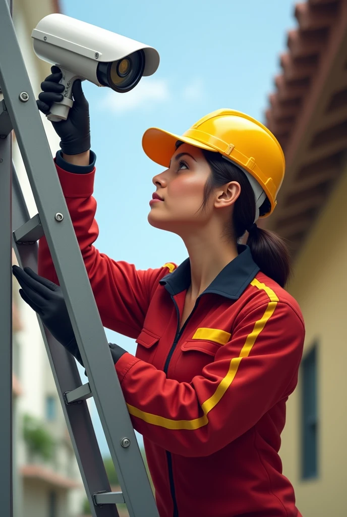 a brazilian woman on a ladder installing a security camera, wearing red uniform, yellow and black of the company "G2".