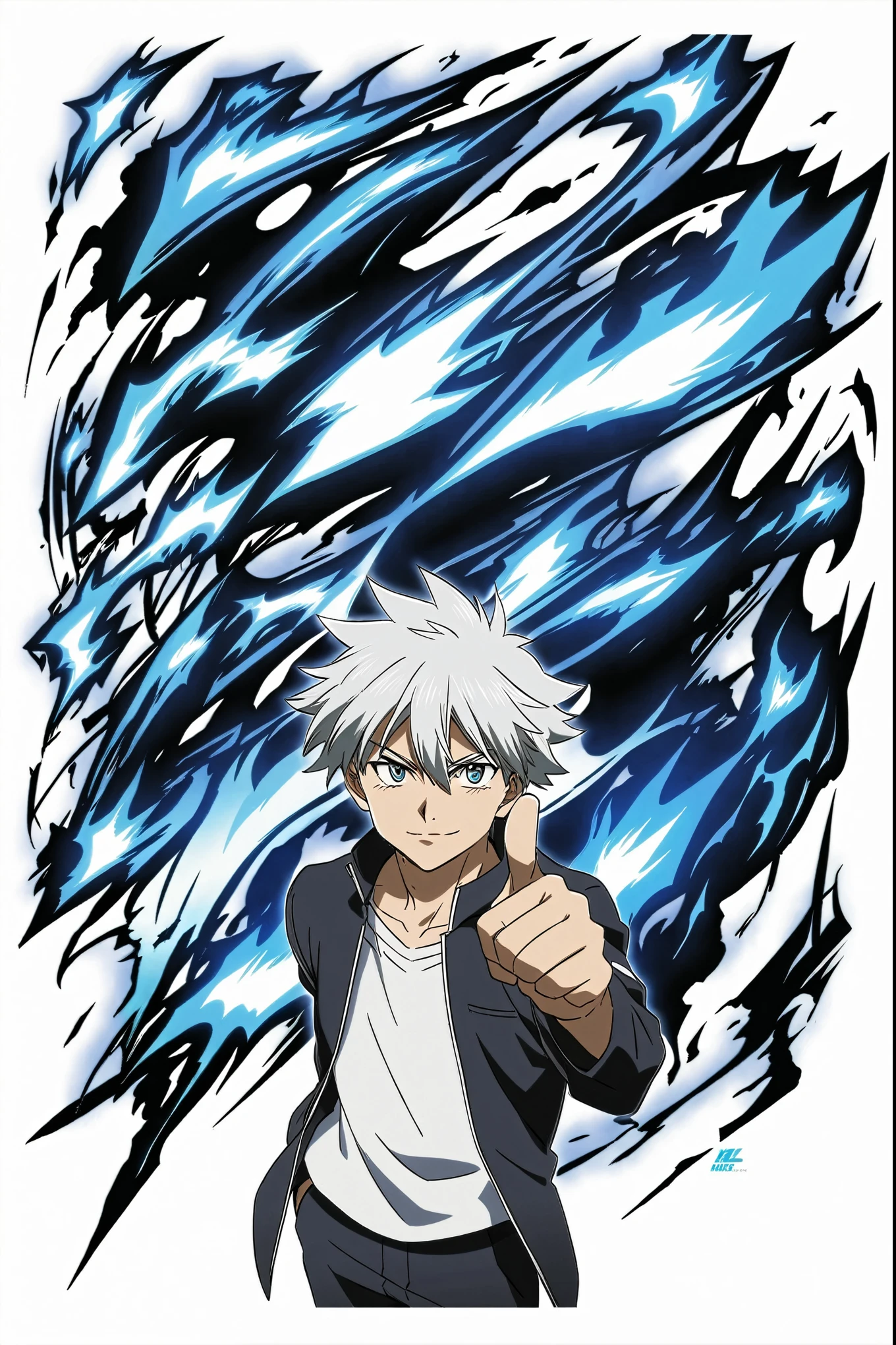 anime character with white hair and blue eyes giving a thumbs up, with index finger, anime key visual”, official anime still, official anime artwork, key visual, official anime key visual, key anime art, key anime visuals, official art, a silver haired mad, official studio anime still, sharp blue fires with black outlines, thick black drawing outlines, erratic blue and sky blue flames at the back ground