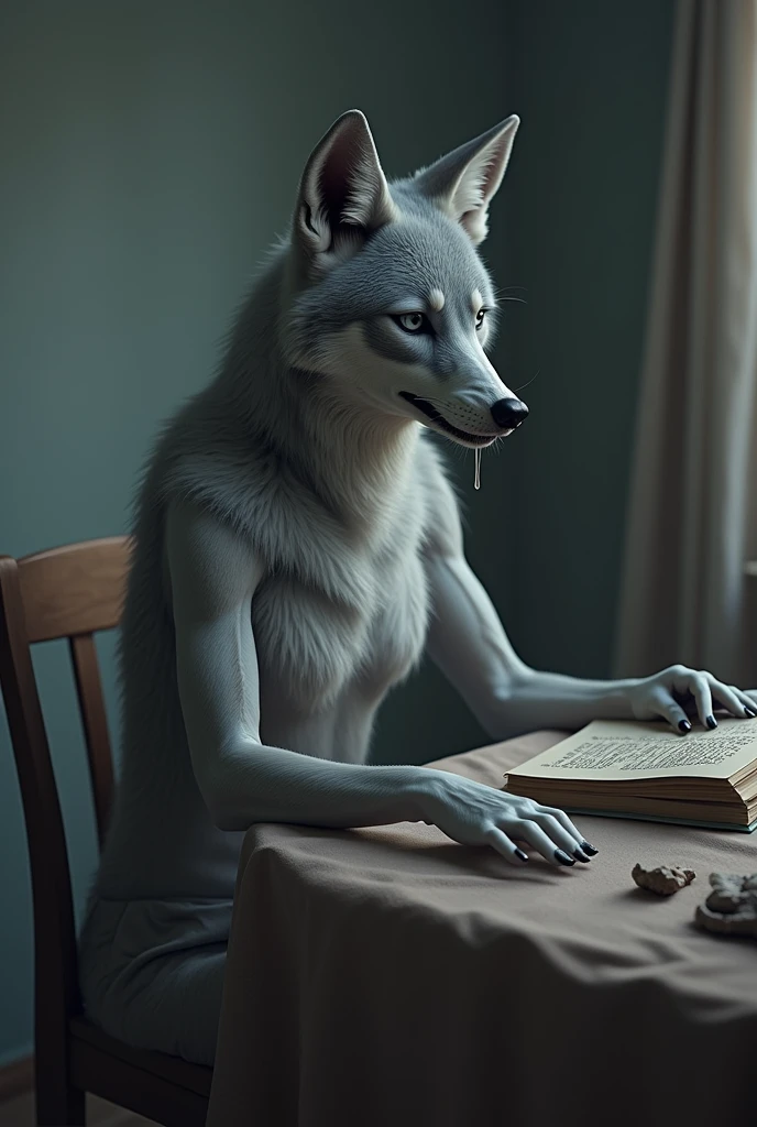 A coyote sits on a table in a skirt and cries with his mouth open and tears. 8k photography. Details. masterpiece. The grey skin and hair look real. Minimum light. Bedroom room. humanoid. Female Coyote. woman body. tears. Sitting at the table with books in front of her