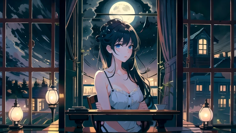 Create an illustration of black hair and blue eyes, sitting in a chair in front of a desk, Sentimental, Introspective look。, The moonlight gently shines into the room, Gently illuminate the space, Curtains sway in the wind, Increase tranquility, Dark mood, Emphasise the theme of loneliness, silence, And the depths of night, The room is dark、dimly lit by the moonlight