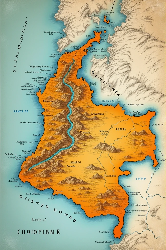 Make a geographical map with
. **Santa Fe (current Bogota)
. **Tunja
. **Magdalena River** (referred to in the context of the Mita de voga)
. **colombia** (in reference to the country)
. **CAUCA** (When talking about indigenous reservations)