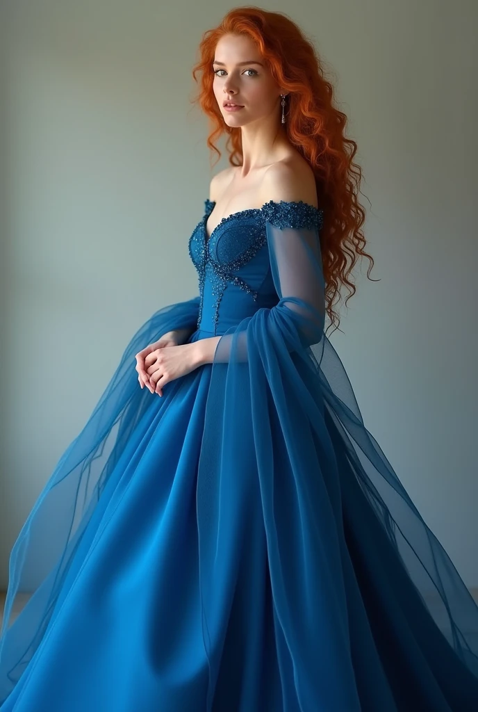Curly redhead girl in royal blue long prom dress with sleeves ,fully body 