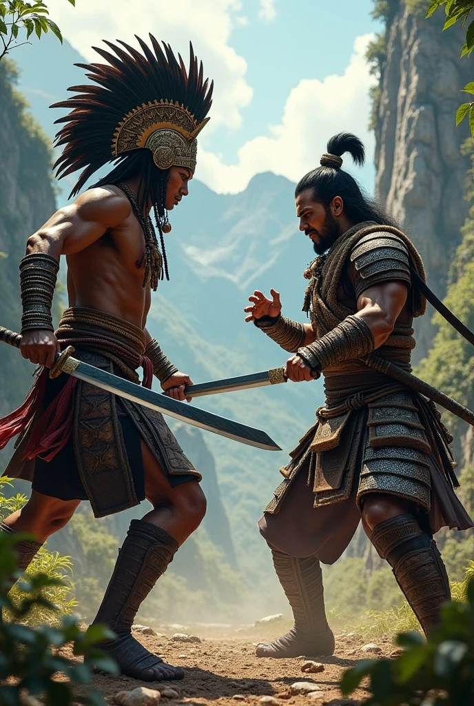 Aztec warrior fighting with Japanese samurai