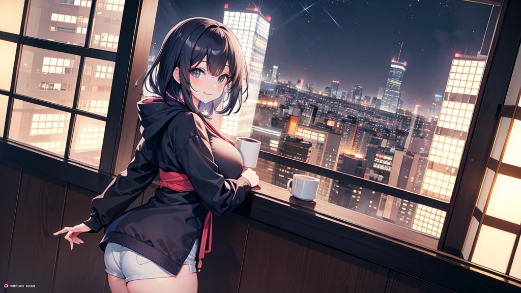 Japanese,Slightly larger breasts,Night view,High-rise apartment building,Looking out the window from the room,Beautiful woman,hot pants,hoodie,Hot Coffee,Ultra high definition,Cute face,smile,smilingly, Shibuya, studying