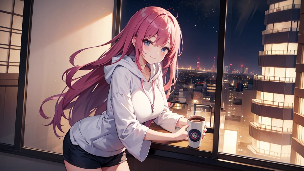 Japanese，Slightly larger breasts，Night view，High-rise apartment building，Looking out the window from the room，Beautiful woman，hot pants，hoodie，Hot Coffee，Ultra high definition，Cute face，smile，smilingly, Shibuya,  studying