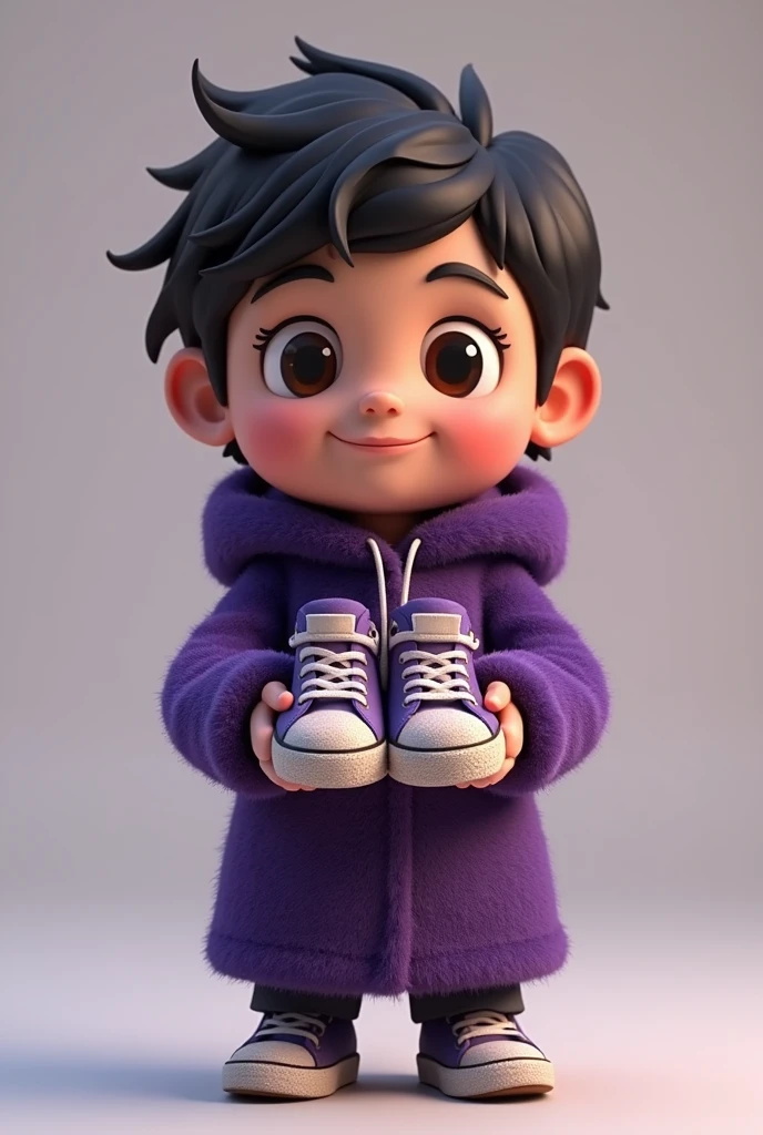 Memoji in dark purple coat smiling with dirty sneakers in hand 