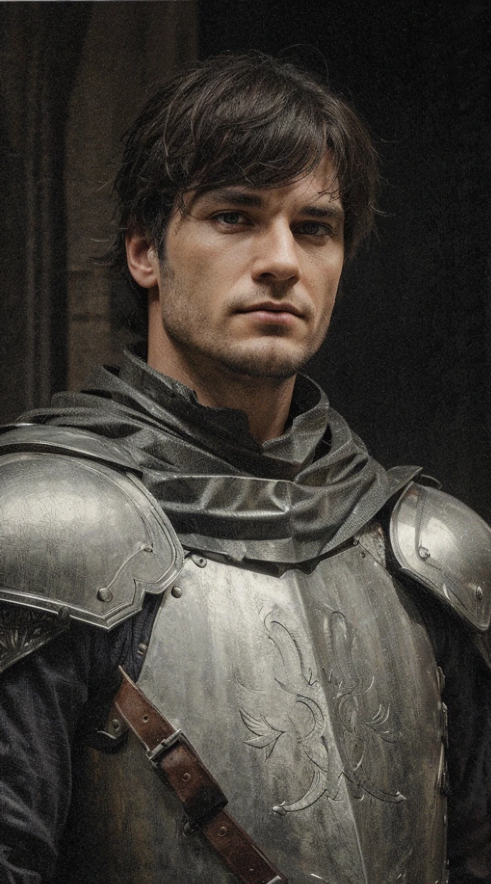 medieval knight, man in armor, man without helmet, 40 years old, silver hair and beard, cold blonde, low angle shot, head tilted up, portrait, stern gaze, majestic appearance, (best quality,4k,8k,highres,masterpiece:1.2),ultra-detailed,(realistic,photorealistic,photo-realistic:1.37),highly detailed facial features,extremely detailed eyes and face,intricate armor details,studio lighting,physically-based rendering,dramatic lighting,cinematic composition,epic,dark fantasy