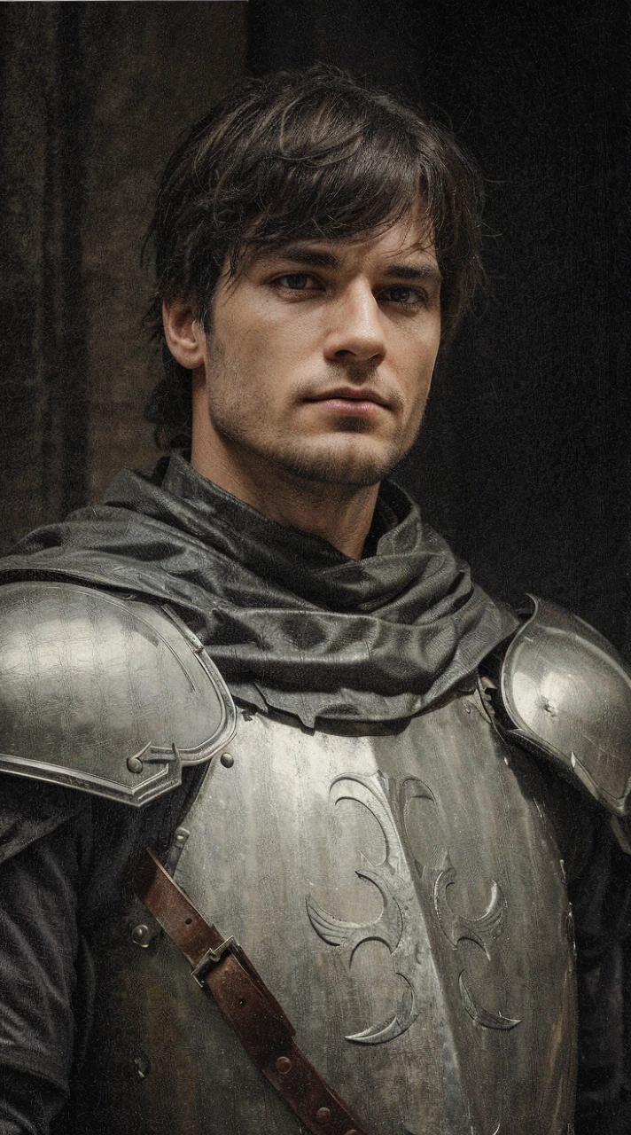 medieval knight, man in armor, man without helmet, 40 years old, silver hair and beard, cold blonde, low angle shot, head tilted up, portrait, stern gaze, majestic appearance, (best quality,4k,8k,highres,masterpiece:1.2),ultra-detailed,(realistic,photorealistic,photo-realistic:1.37),highly detailed facial features,extremely detailed eyes and face,intricate armor details,studio lighting,physically-based rendering,dramatic lighting,cinematic composition,epic,dark fantasy