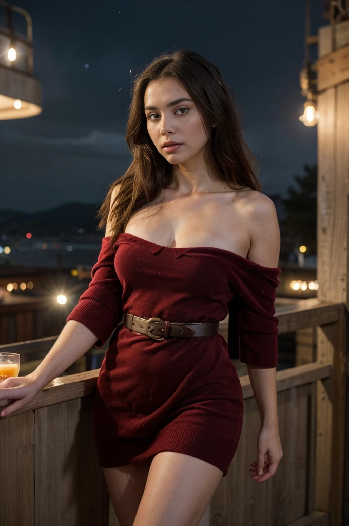 14-year-old hiper-sexualized busty girl with big almond eyes, long brown hair. marked cheekbones and big full lips. She wears blush, eye shadow, and red bold lipstick. She look empowered and she has a seductive smile and penetrating look. She is standing on a terrace from a botanical garden at night. Big breasts. She is dressed with a dark burgundy dress with a deep V-neckline in the front. The back is completely open, extending from the shoulder blades down to the waist. The skirt is tight and features a high slit on one side, starting at mid-thigh and extending down to the ankle.