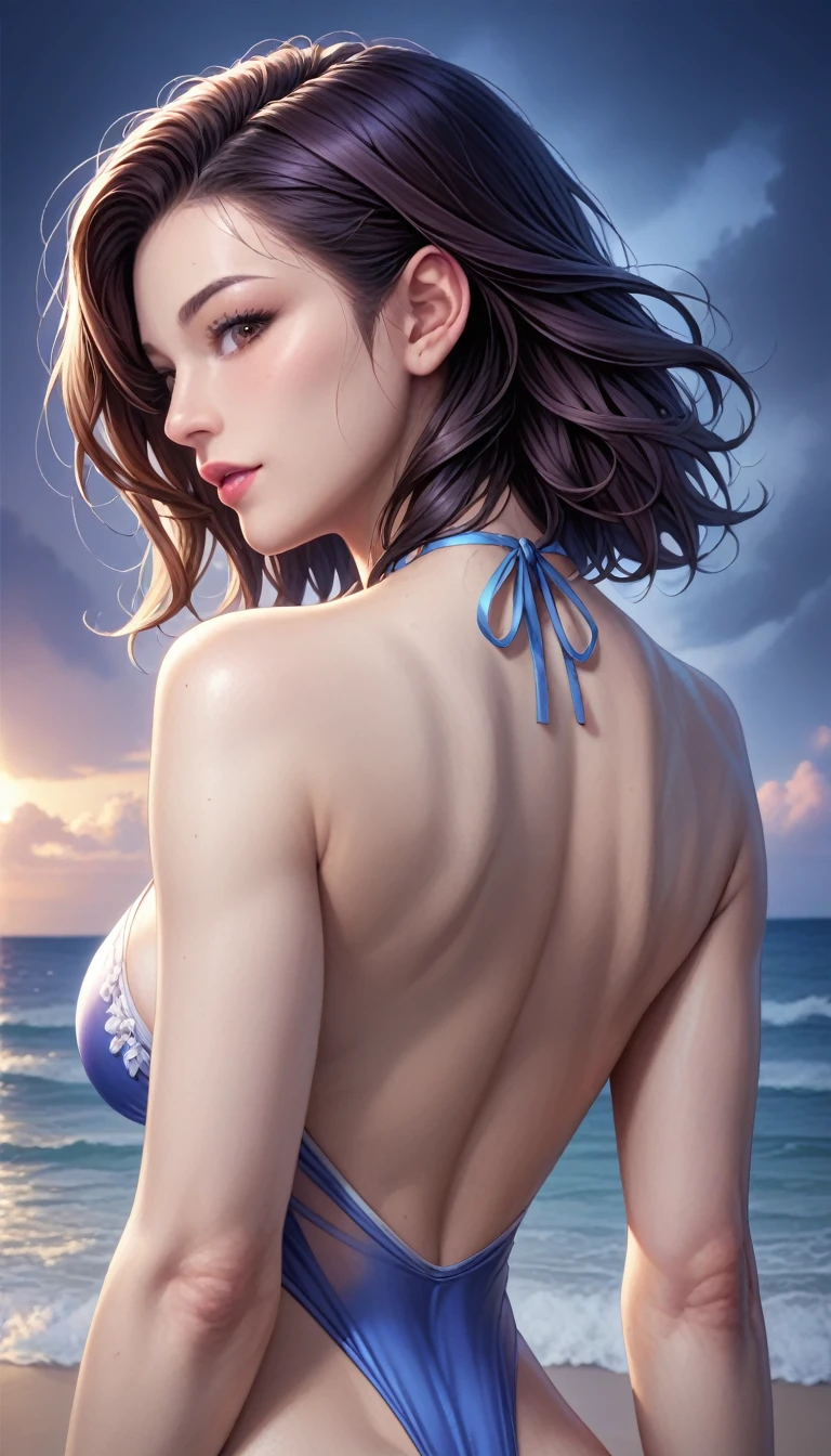 score_9, score_8_superior, score_7_superior, High resolution 3D anime style,A masterpiece in 32K resolution,Highest quality,it is really amazing,Very detailed,Ultra-high resolution,Ultra-realistic,Realistic,Increased depth of field,Cinematic lighting,
(Sexy mature Japan woman:1.2),
(black straight medium hair:1.1),(Ultra-detailed and beautiful face:1.1),(Calm and gentle look:1.1),Beautiful brown eyes,Translucent white skin,Realistic skin texture,Great proportions,
Elegant swimwear,
Summery design,Chic color scheme,Beautiful and delicate decoration,Detailed fabric texture,
(Dark overcast sky on a dull night:1.1),(Dark clouds filling the sky:1),(Thundercloud:1),Coastline at night,Stormy seas,(delay々A desolate sandy beach that continues:1),
dramatic,(Beautiful back view:1.2),