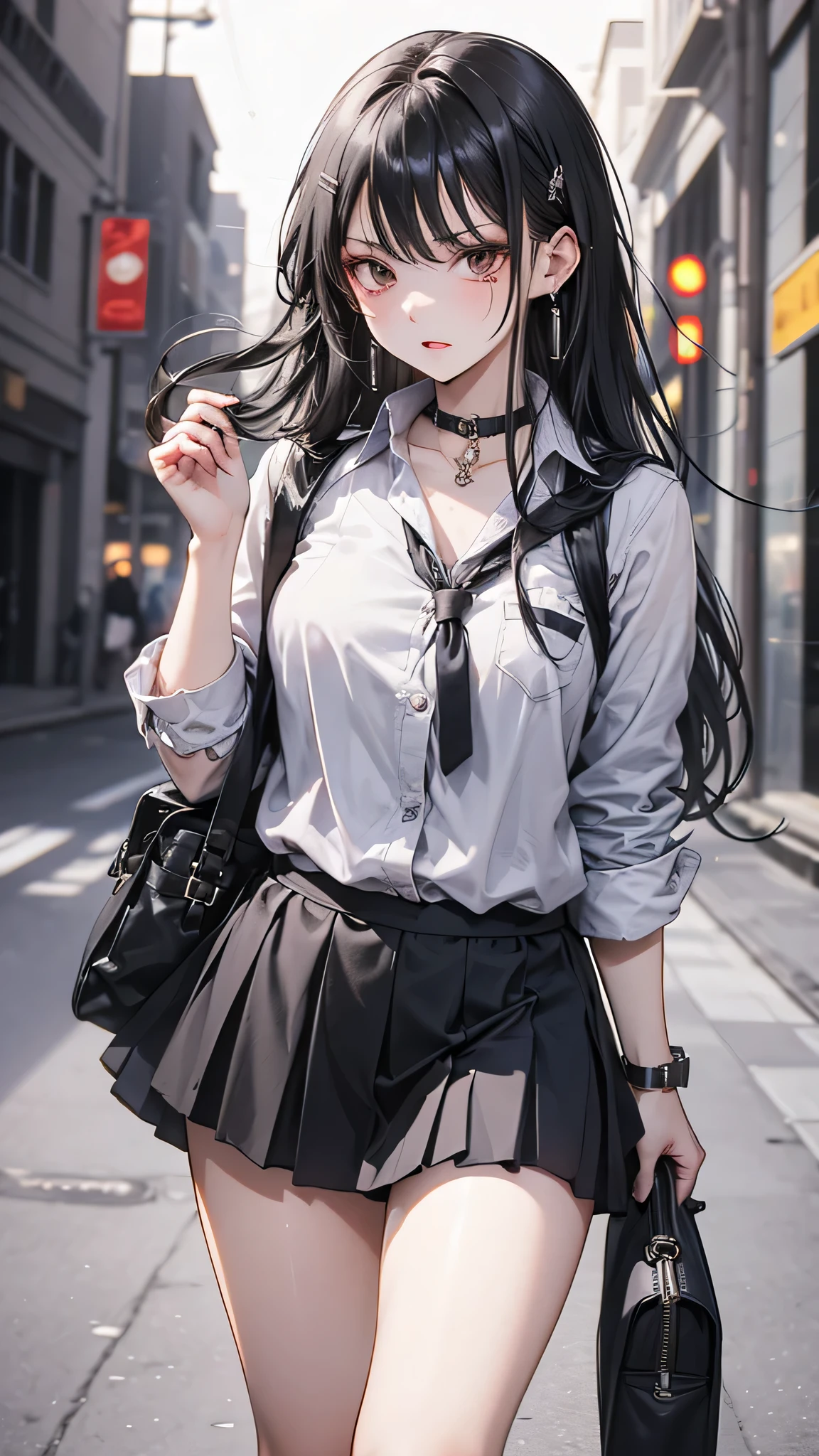 at school, , front, Long black hair, Black short skirt, bag, anger, Abusive, Very detailed, 4K