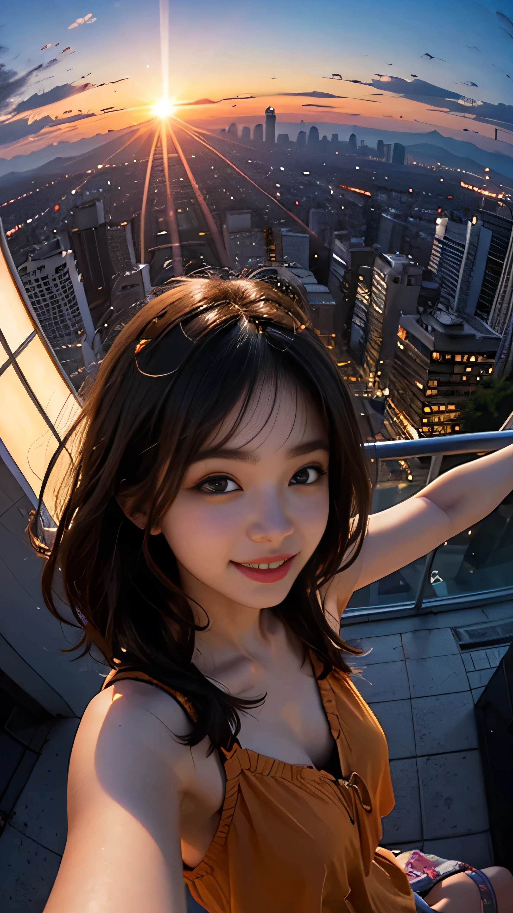 One girl, Korean, Fisheye Lens, Selfie, Wind, Messy Hair, sunset, Cityscape, (Aesthetics and atmosphere:1.2),smile
