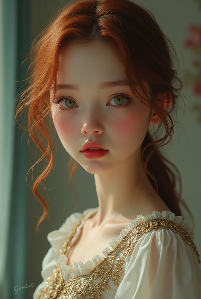 portrait of a beautiful age girl, breasts small, intricate dress, sorriso Soft, Red lips, russet hair, greeneyes, 真实感, digitalpainting, conceptual artwork, Soft, sharp focus, rule of thirds, Psychostyle