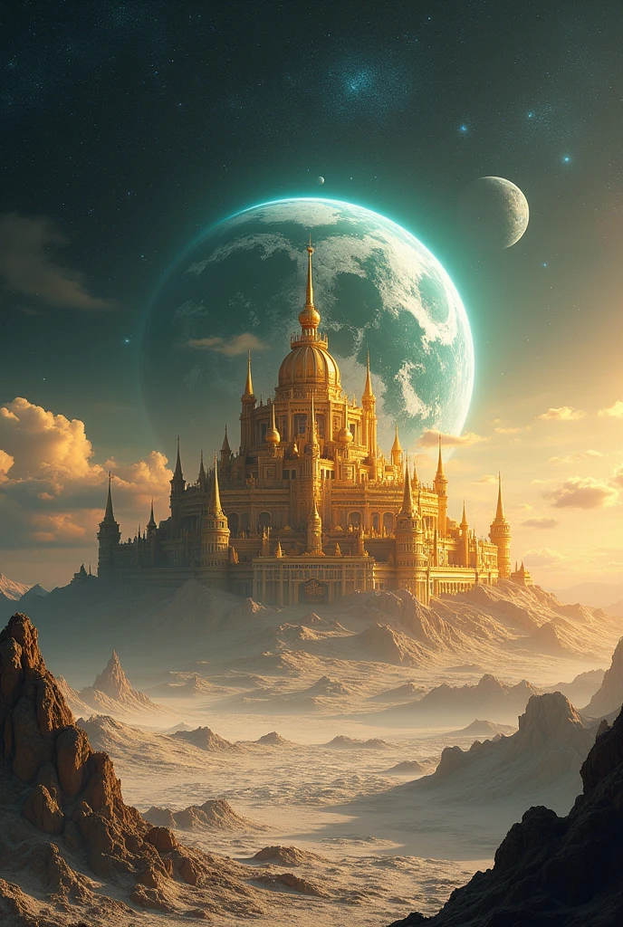 A golden city, at the moon, the Earth was in sight in the middle of the cosmos