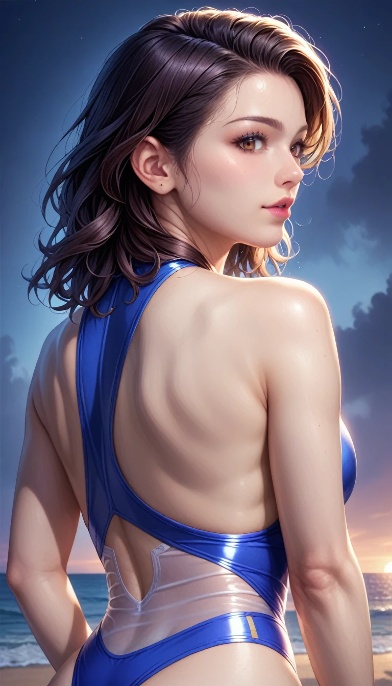 score_9, score_8_superior, score_7_superior, High resolution 3D anime style,A masterpiece in 32K resolution,Highest quality,it is really amazing,Very detailed,Ultra-high resolution,Ultra-realistic,Realistic,Increased depth of field,Cinematic lighting,
(Sexy mature Japan woman:1.2),
(black straight medium hair:1.1),(Ultra-detailed and beautiful face:1.1),(Calm and gentle look:1.1),Beautiful brown eyes,Translucent white skin,Realistic skin texture,Great proportions,
Elegant swimwear,
Summery design,Chic color scheme,Beautiful and delicate decoration,Detailed fabric texture,
(Dark overcast sky on a dull night:1.1),(Dark clouds filling the sky:1),(Thundercloud:1),Coastline at night,Stormy seas,(delay々A desolate sandy beach that continues:1),
dramatic,(Beautiful back view:1.2),